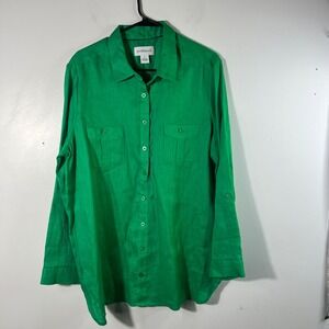 Womens Peck & Peck‎ Linen Button Shirt Long Sleeve Green XL